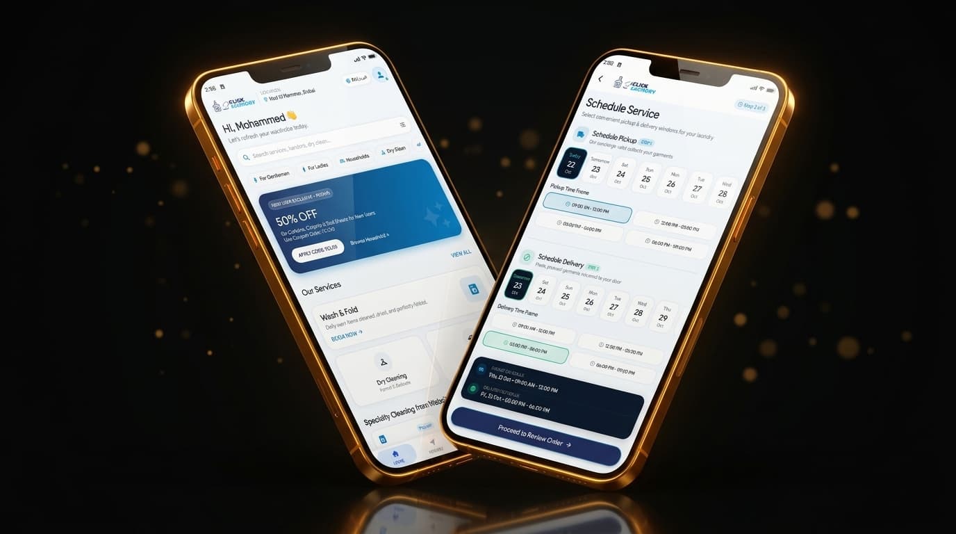 Two Click Laundry – Customer & Rider Fleet Mobile Apps Interface 1