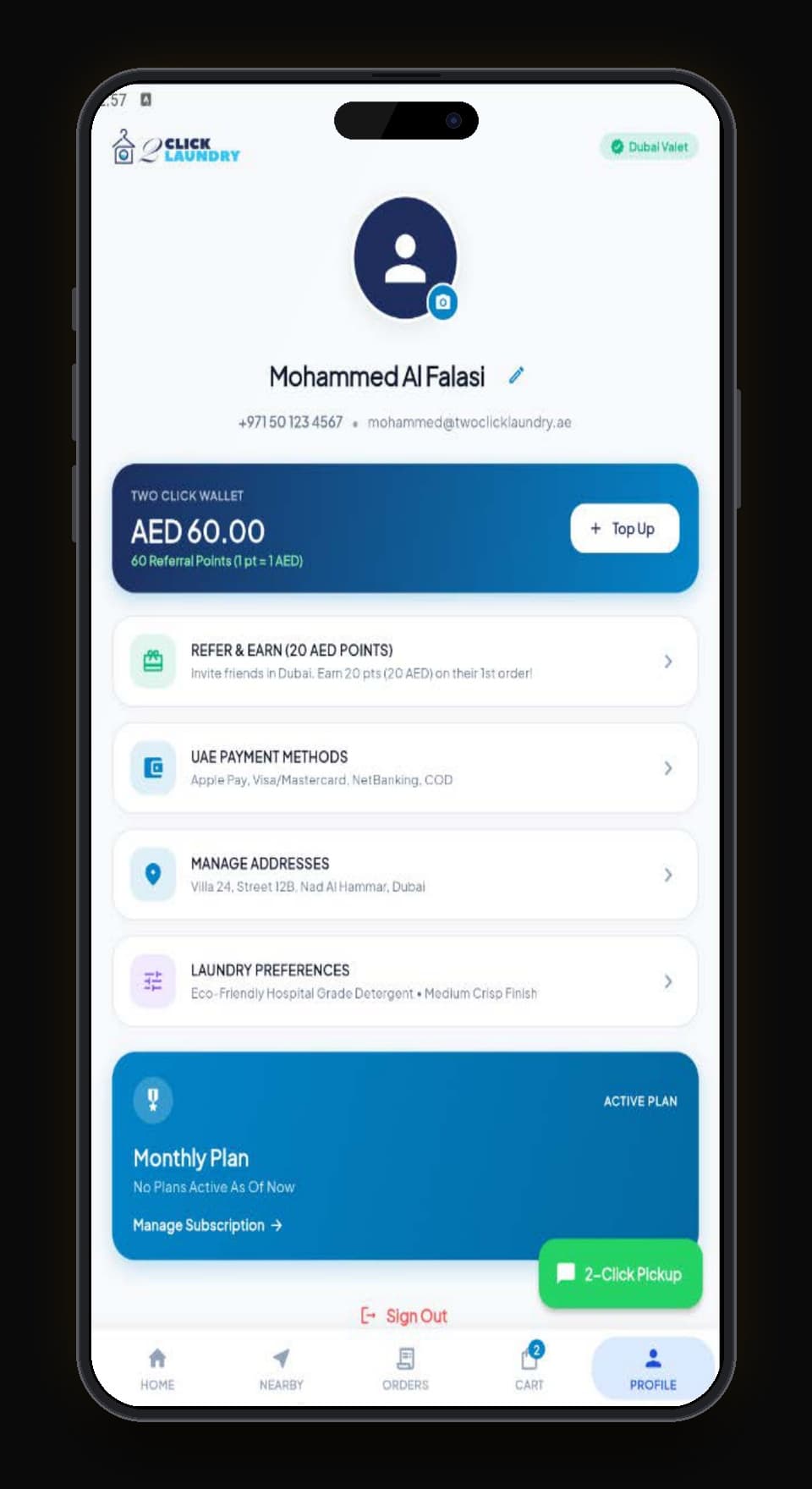 Profile & Two Click Wallet